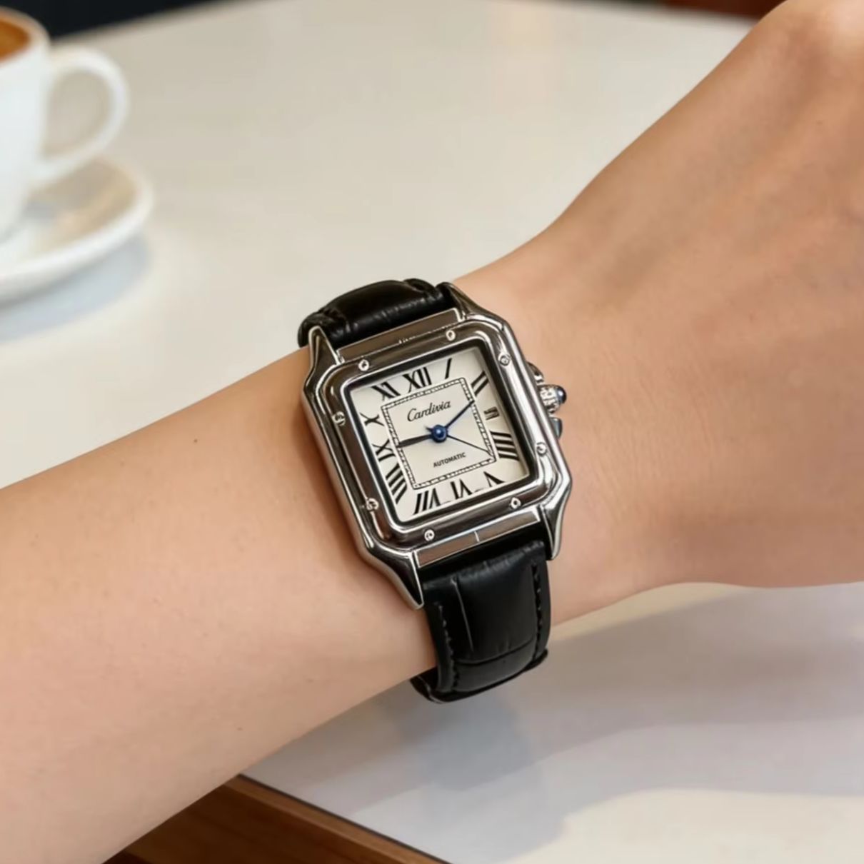 Cartier Watch Santos - 로마 숫자 다이얼, 블랙 가죽 스트랩,